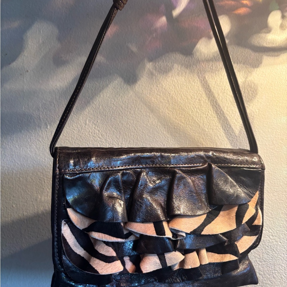 RARE Susan Farber Collection Leather Zebra Ruffle Shoulder Bag